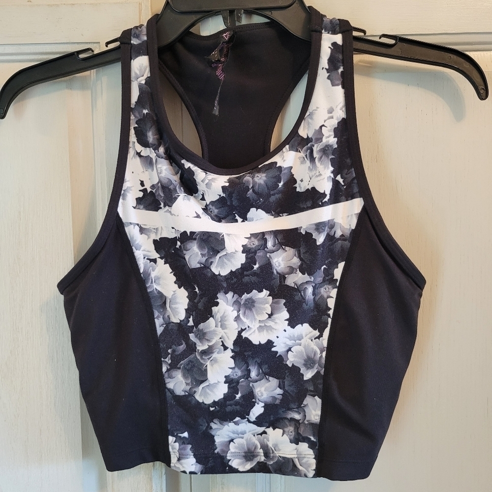 Betsey Johnson Performance Black Gray Floral Sports Bra Crop Top